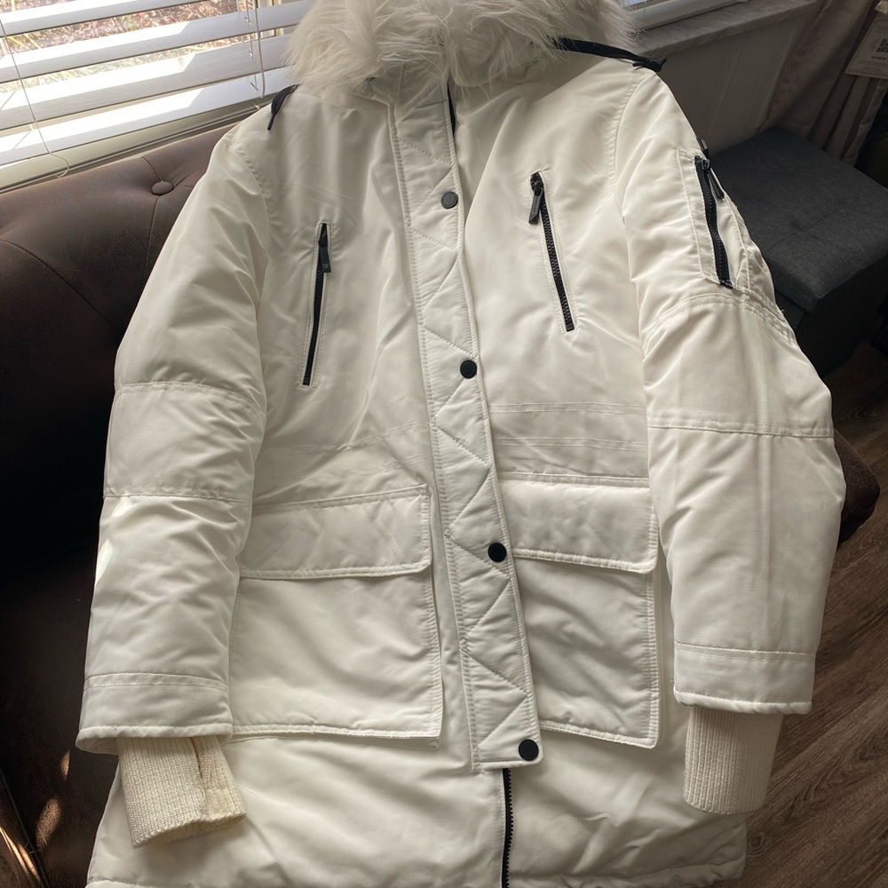 BCBG White Fur-Trimmed Parka Coat
